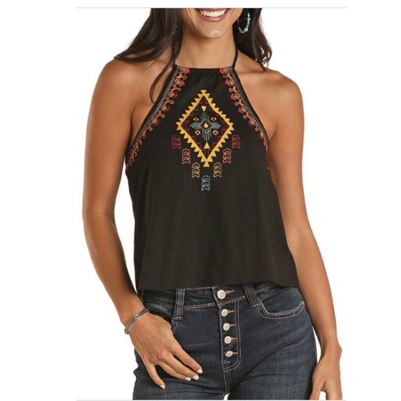 EMBROIDERED SOUTHWESTERN INDIAN TRIBAL BOHO HIPPIE GYPSY RASTA HALTER TANK - Picture 1 of 8